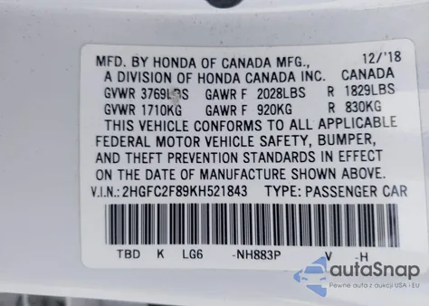 2019 Honda Civic Sport from USA, damaged, VIN 2HGFC2F89KH521843